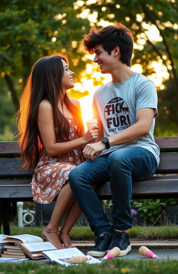 A sweet high school romance scene between two teenagers sitting on a park bench