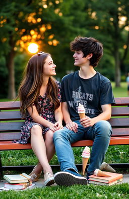 A sweet high school romance scene between two teenagers sitting on a park bench