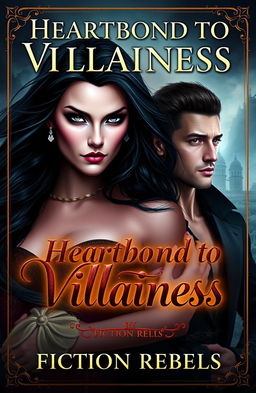 A captivating digital book cover for 'Heartbound to Villainess' by Fiction Rebels, featuring a powerful female villain with a dark allure