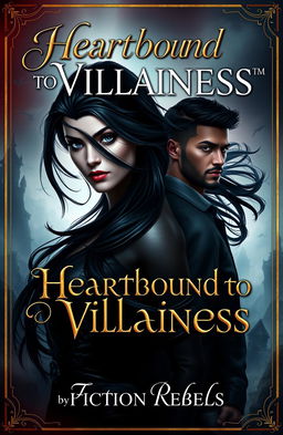 A captivating digital book cover for 'Heartbound to Villainess' by Fiction Rebels, featuring a powerful female villain with a dark allure