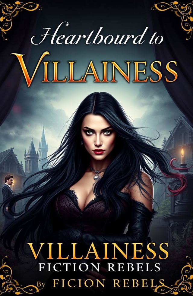 A captivating digital book cover for 'Heartbound to Villainess' by Fiction Rebels, featuring a powerful female villain with a dark allure