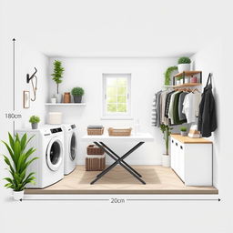 A detailed design layout of a laundry patio measuring 180 centimeters in length and 220 centimeters in width