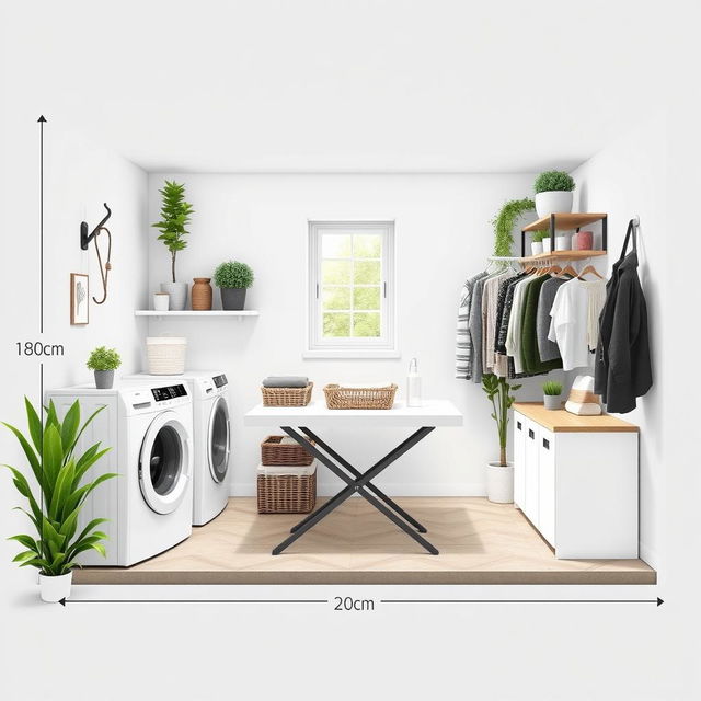 A detailed design layout of a laundry patio measuring 180 centimeters in length and 220 centimeters in width