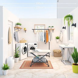 A detailed design layout of a laundry patio measuring 180 centimeters in length and 220 centimeters in width