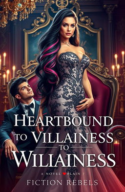 A powerful and captivating portrait of a sophisticated villainess, exuding charisma and strength, standing confidently in an opulent throne room adorned with elegant decor