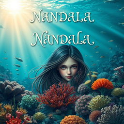 A captivating novel cover for 'NANDALA', featuring a mysterious girl set against an enchanting ocean floor background