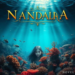 A captivating novel cover for 'NANDALA', featuring a mysterious girl set against an enchanting ocean floor background
