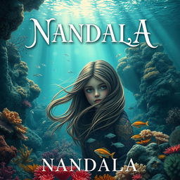 A captivating novel cover for 'NANDALA', featuring a mysterious girl set against an enchanting ocean floor background
