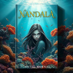 A captivating novel cover for 'NANDALA', featuring a mysterious girl set against an enchanting ocean floor background