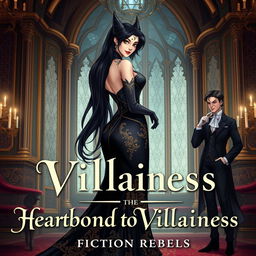 An enchanting illustration of a sophisticated villainess, exuding elegance and power, set against the backdrop of a lavish castle interior