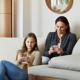 A tender scene of a mother and her daughter engrossed in their mobile devices, communicating via text messages, seated in a cozy domestic setting.