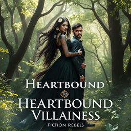 A surreal and enchanting natural landscape featuring a powerful villainess standing amidst a lush, mystical forest