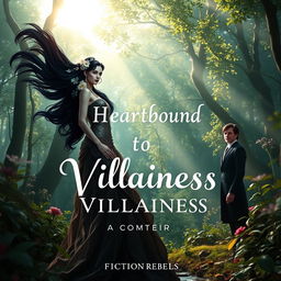 A surreal and enchanting natural landscape featuring a powerful villainess standing amidst a lush, mystical forest