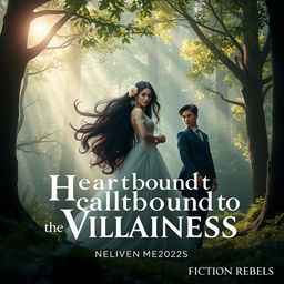 A surreal and enchanting natural landscape featuring a powerful villainess standing amidst a lush, mystical forest