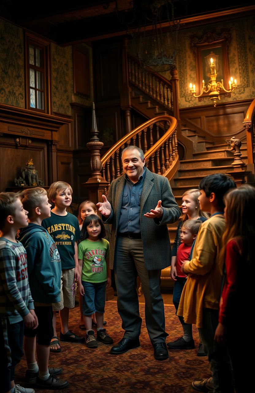 In a large, eerie mansion set in 2018, a group of children stands curious and excited