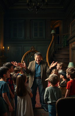 In a large, eerie mansion set in 2018, a group of children stands curious and excited