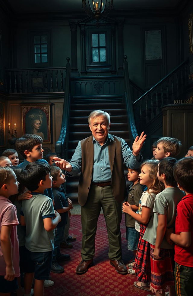 In a large, eerie mansion set in 2018, a group of children stands curious and excited