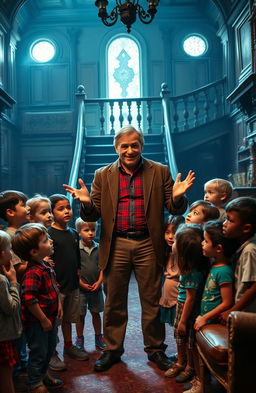 In a large, eerie mansion set in 2018, a group of children stands curious and excited