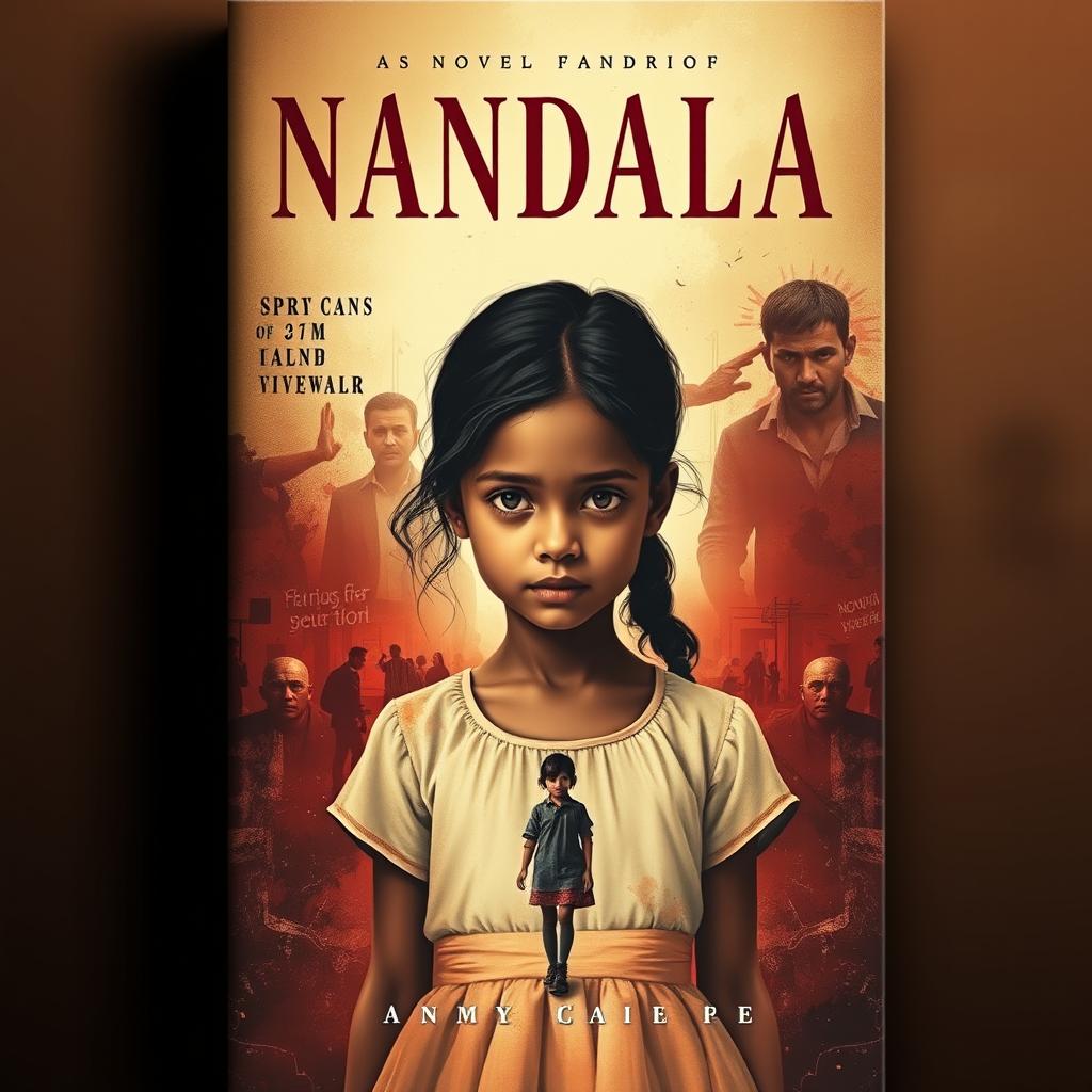 A striking novel cover for 'NANDALA', featuring a girl at the center who embodies a mix of love and affection amidst a backdrop of turmoil