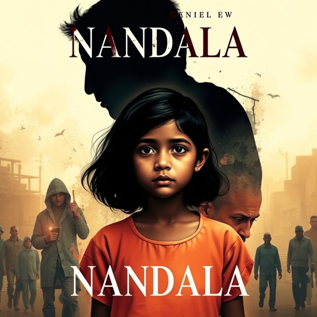 A striking novel cover for 'NANDALA', featuring a girl at the center who embodies a mix of love and affection amidst a backdrop of turmoil