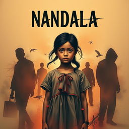 A striking novel cover for 'NANDALA', featuring a girl at the center who embodies a mix of love and affection amidst a backdrop of turmoil