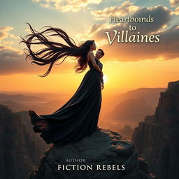 A mesmerizing natural scene depicting a formidable villainess standing gracefully on a rocky cliff, overlooking a serene landscape