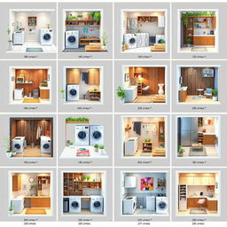 Ten distinct 3D design layouts for a laundry patio, each measuring 180 centimeters in length and 220 centimeters in width