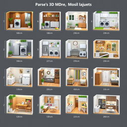 Ten distinct 3D design layouts for a laundry patio, each measuring 180 centimeters in length and 220 centimeters in width