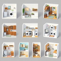 Ten distinct 3D design layouts for a laundry patio, each measuring 180 centimeters in length and 220 centimeters in width