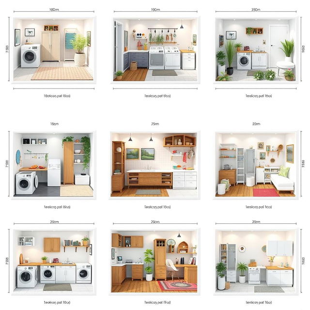 Ten distinct 3D design layouts for a laundry patio, each measuring 180 centimeters in length and 220 centimeters in width