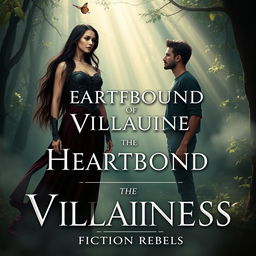 A captivating natural scene showcasing a powerful villainess standing confidently in a misty, enchanted forest