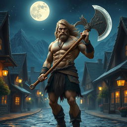A formidable barbarian man, bare-chested and showcasing his muscular build adorned with tribal tattoos, confidently holding a large, battle-worn axe while standing in a charming small town at night