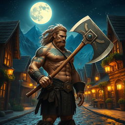 A formidable barbarian man, bare-chested and showcasing his muscular build adorned with tribal tattoos, confidently holding a large, battle-worn axe while standing in a charming small town at night