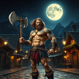 A formidable barbarian man, bare-chested and showcasing his muscular build adorned with tribal tattoos, confidently holding a large, battle-worn axe while standing in a charming small town at night