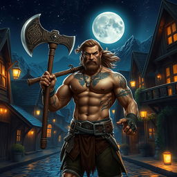 A formidable barbarian man, bare-chested and showcasing his muscular build adorned with tribal tattoos, confidently holding a large, battle-worn axe while standing in a charming small town at night