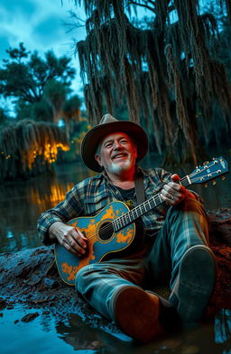 A gritty scene depicting a Louisiana blues singer, wearing a worn-out fedora and a faded plaid shirt, sprawled on the muddy banks of a dimly lit swamp