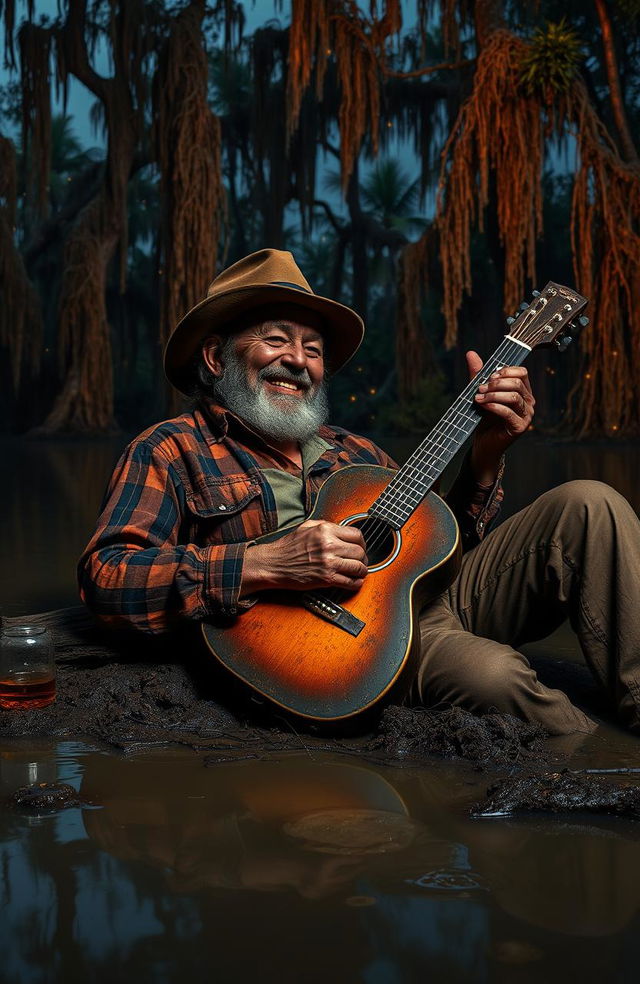 A gritty scene depicting a Louisiana blues singer, wearing a worn-out fedora and a faded plaid shirt, sprawled on the muddy banks of a dimly lit swamp