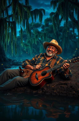 A gritty scene depicting a Louisiana blues singer, wearing a worn-out fedora and a faded plaid shirt, sprawled on the muddy banks of a dimly lit swamp
