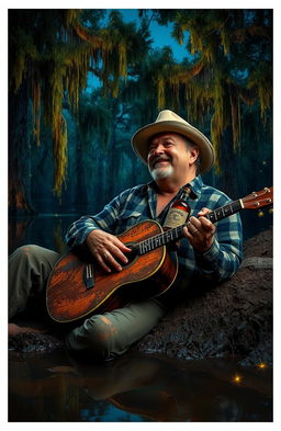 A gritty scene depicting a Louisiana blues singer, wearing a worn-out fedora and a faded plaid shirt, sprawled on the muddy banks of a dimly lit swamp