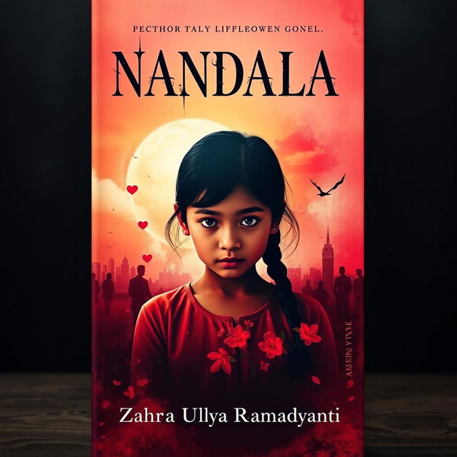 A visually striking novel cover for 'NANDALA', featuring a girl at the center who embodies a blend of love and affection, yet her expression hints at underlying trauma