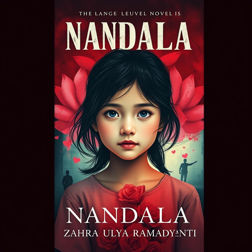 A visually striking novel cover for 'NANDALA', featuring a girl at the center who embodies a blend of love and affection, yet her expression hints at underlying trauma