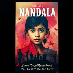 A visually striking novel cover for 'NANDALA', featuring a girl at the center who embodies a blend of love and affection, yet her expression hints at underlying trauma