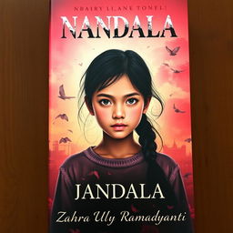 A visually striking novel cover for 'NANDALA', featuring a girl at the center who embodies a blend of love and affection, yet her expression hints at underlying trauma