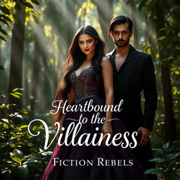 A captivating natural scene set in a magical forest where a stunning villainess stands confidently, embodying both strength and grace