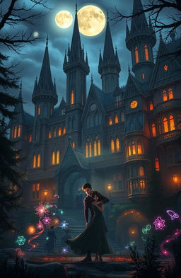A fantasy magical school with soaring towers and intricate architecture, set amidst a mystical forest at twilight