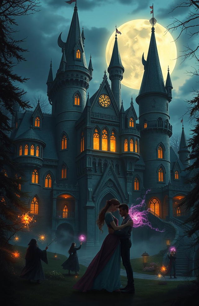 A fantasy magical school with soaring towers and intricate architecture, set amidst a mystical forest at twilight