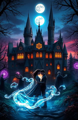 A fantasy magical school with soaring towers and intricate architecture, set amidst a mystical forest at twilight