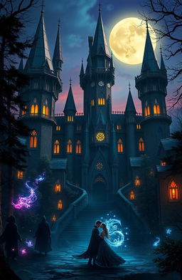 A fantasy magical school with soaring towers and intricate architecture, set amidst a mystical forest at twilight