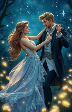 A beautiful fantasy couple dancing gracefully under a starlit sky