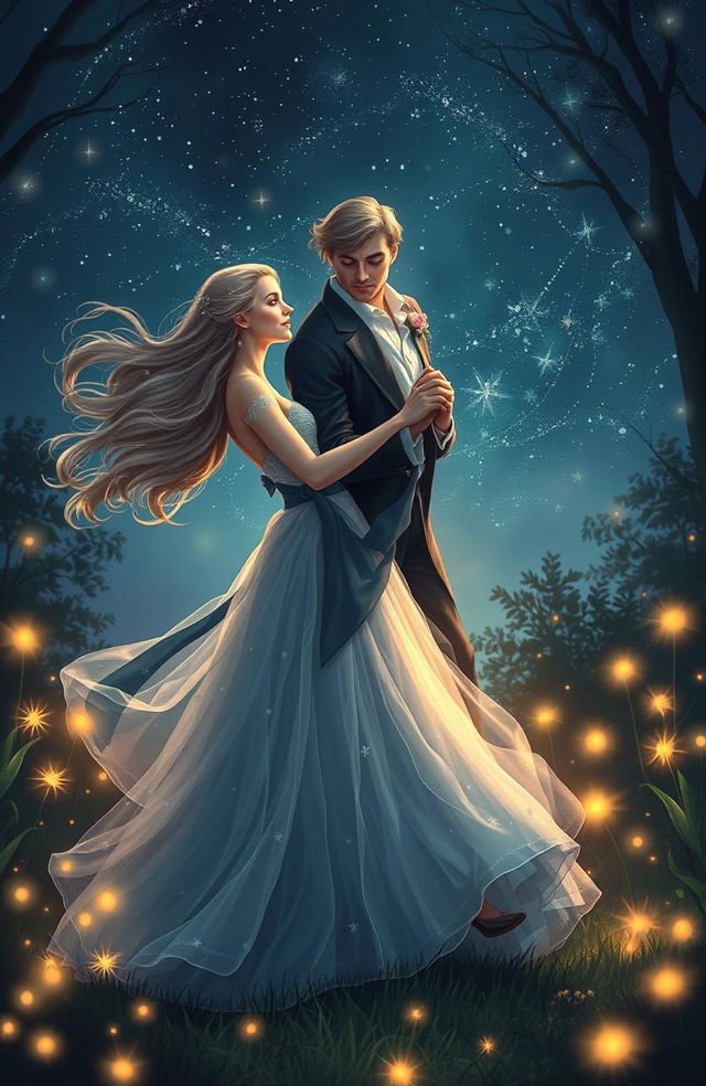 A beautiful fantasy couple dancing gracefully under a starlit sky